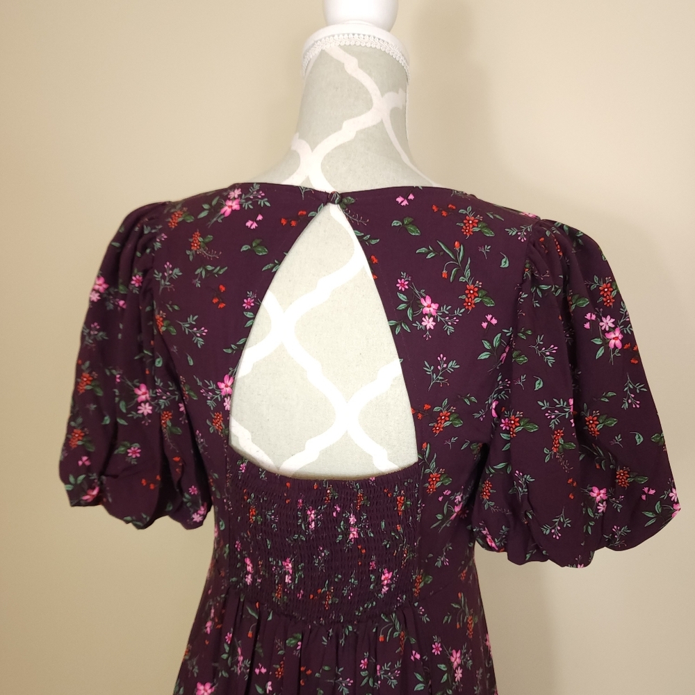 ​NWT Old Navy Floral Maxi Dress Puff Sleeve Cutout Split M Petite Burgundy - Picture 8 of 12
